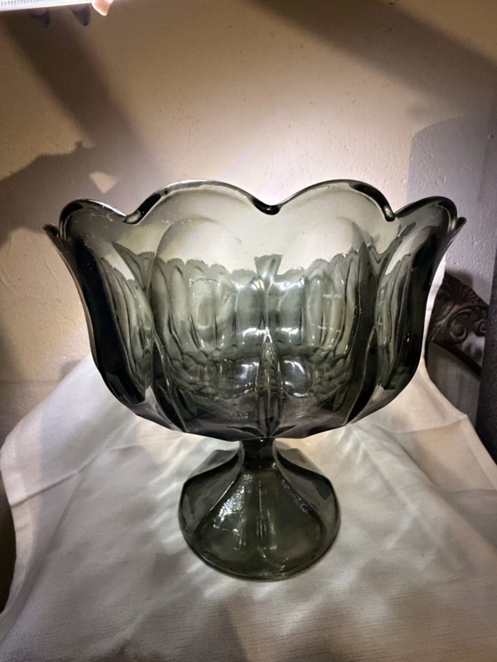 Smoky Gray Anchor Hocking Vintage  Glass Scalloped Compote Pedestal Bowl